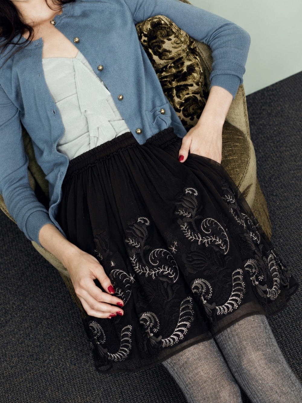 Black Embroidered A-Line Skirt with Floral Motif (0071)
